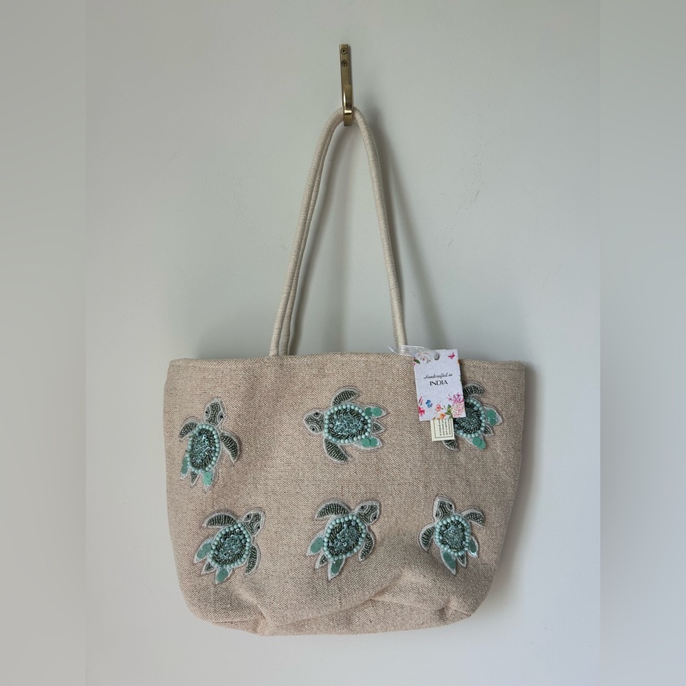 Viral beaded turtle canvas tote bag